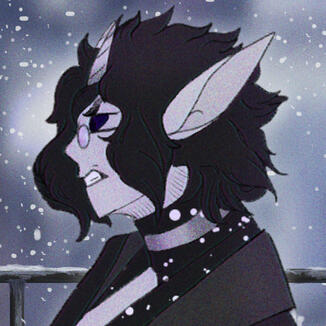 The artist's icon. A side profile of a pale-skinned elven figure. They have short, messy black hair, dark blue, and short, white horns. They're wearing a gray coat, and a black and white turtleneck. Their expression is that of anger.